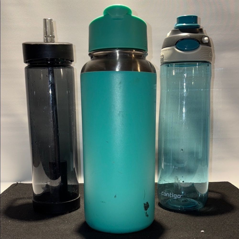 Black, Teal, and Blue Water Bottles
